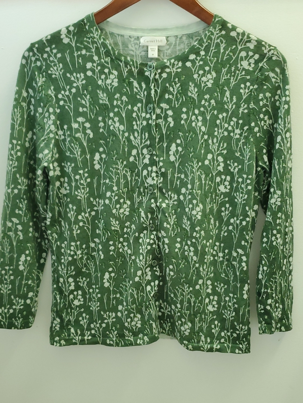 Garnet Hill Green Floral Crewneck Cardigan Sweater Merino Wool Size Medium - Picture 9 of 9